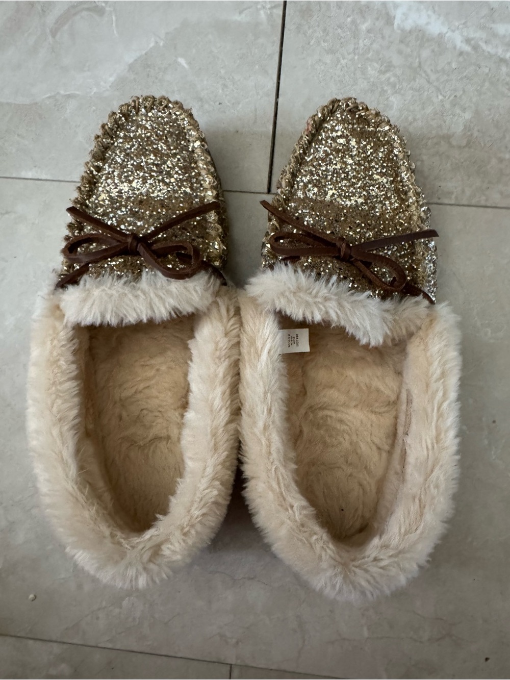 J.Crew Sparkle Moccasin Slippers with Faux Fur Trim size 10